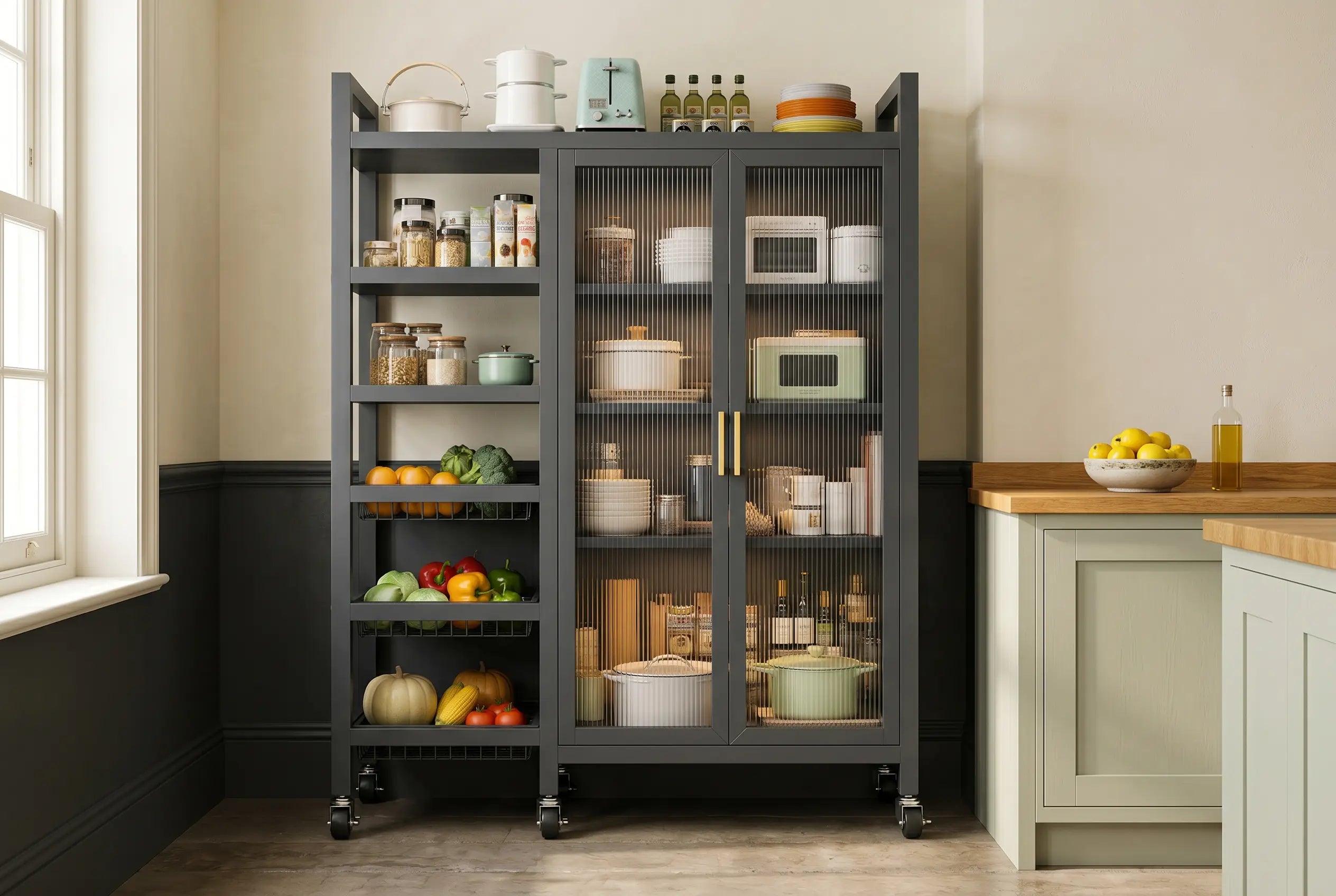 Charcoal rolling pantry cabinet with fluted-glass doors against a cream wall in a daylit English kitchen