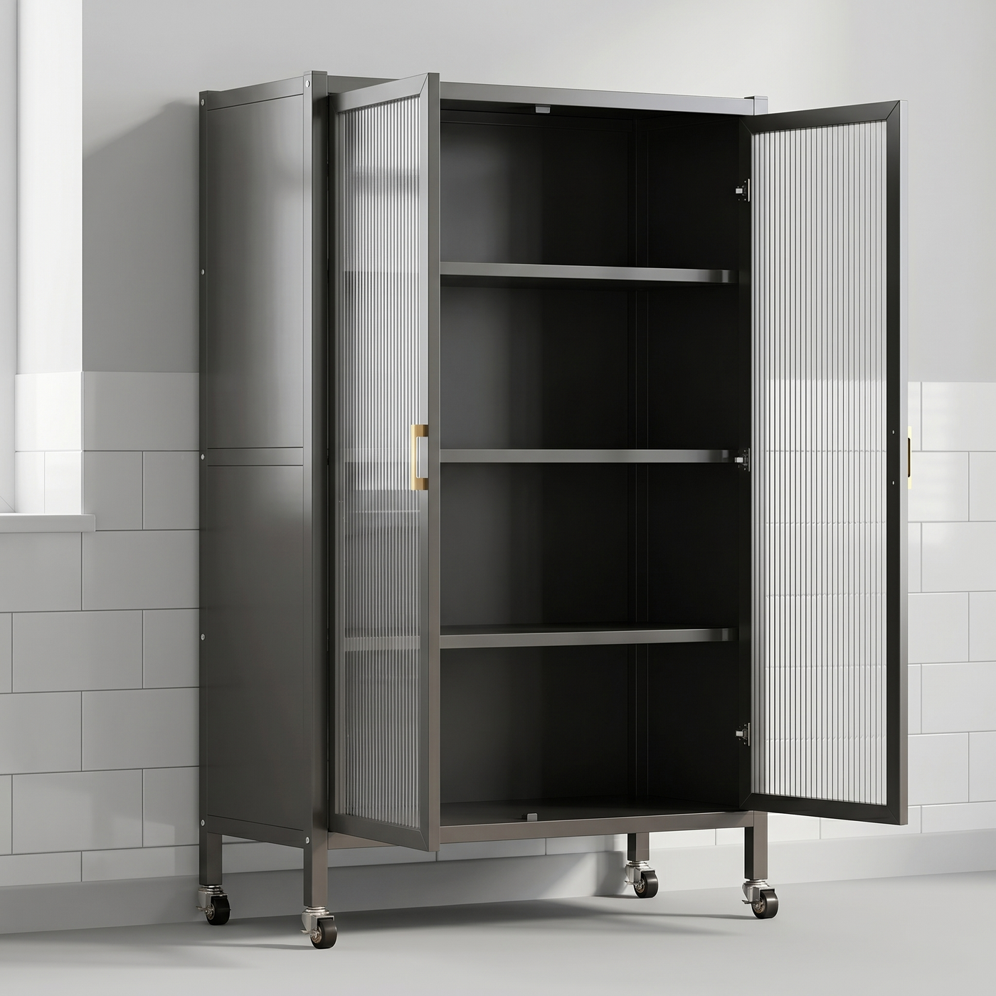 [P7] Fluted-Glass Display Cabinet on Casters