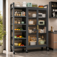 Rolling kitchen storage cabinet, charcoal, glass doors and wire baskets