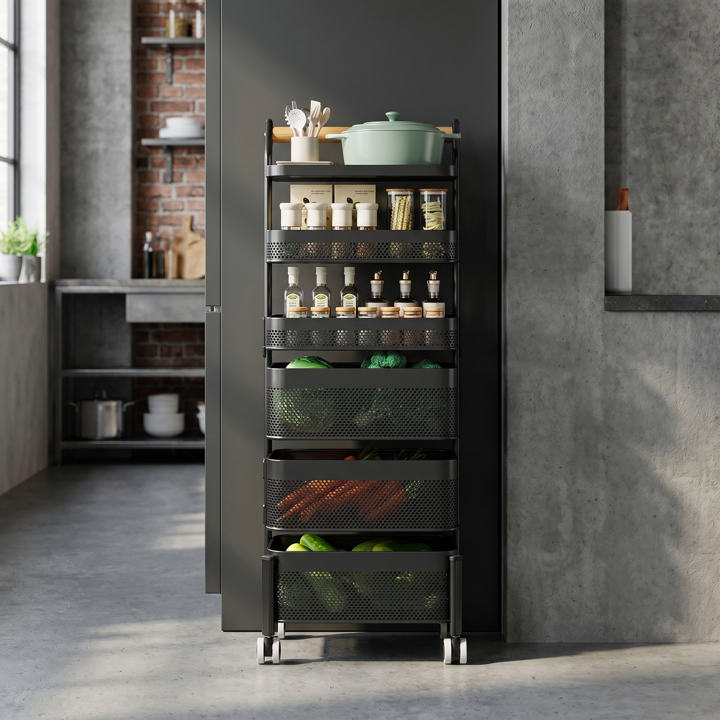 [P5] 6-Tier Mesh Basket Trolley with Wood Handle