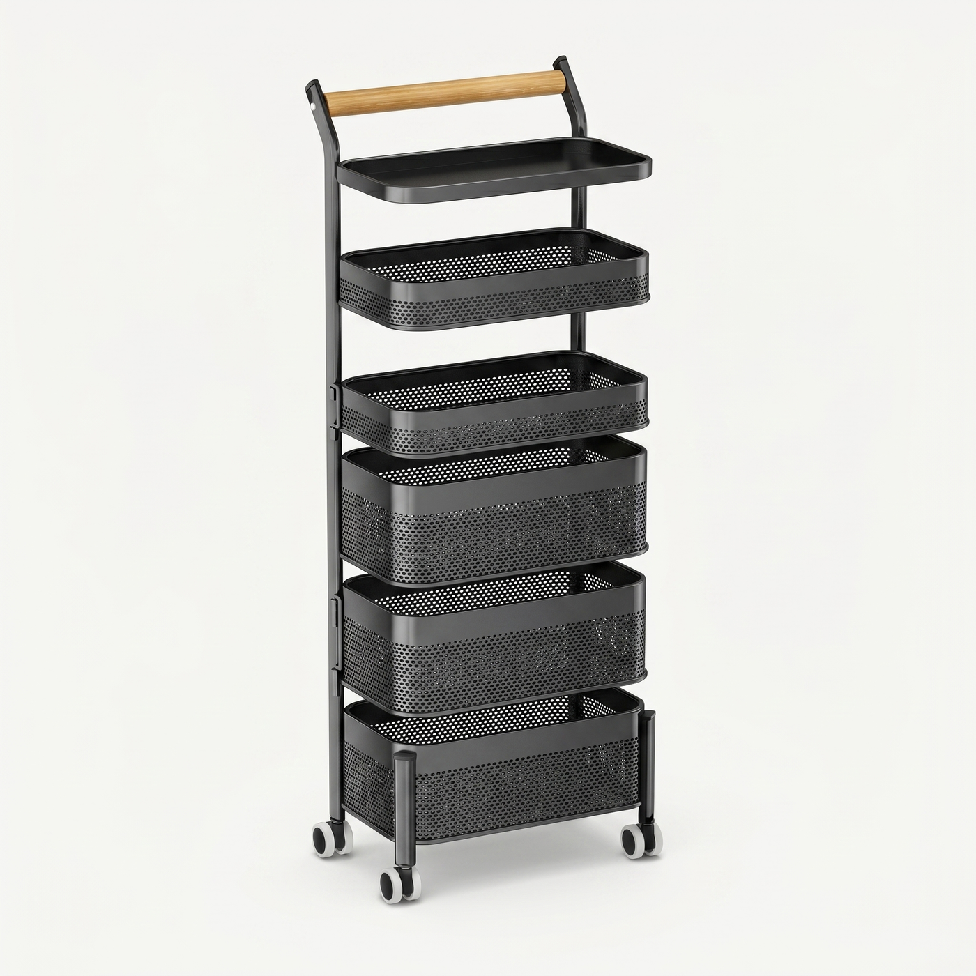 Tall mesh basket trolley with wood handle, charcoal