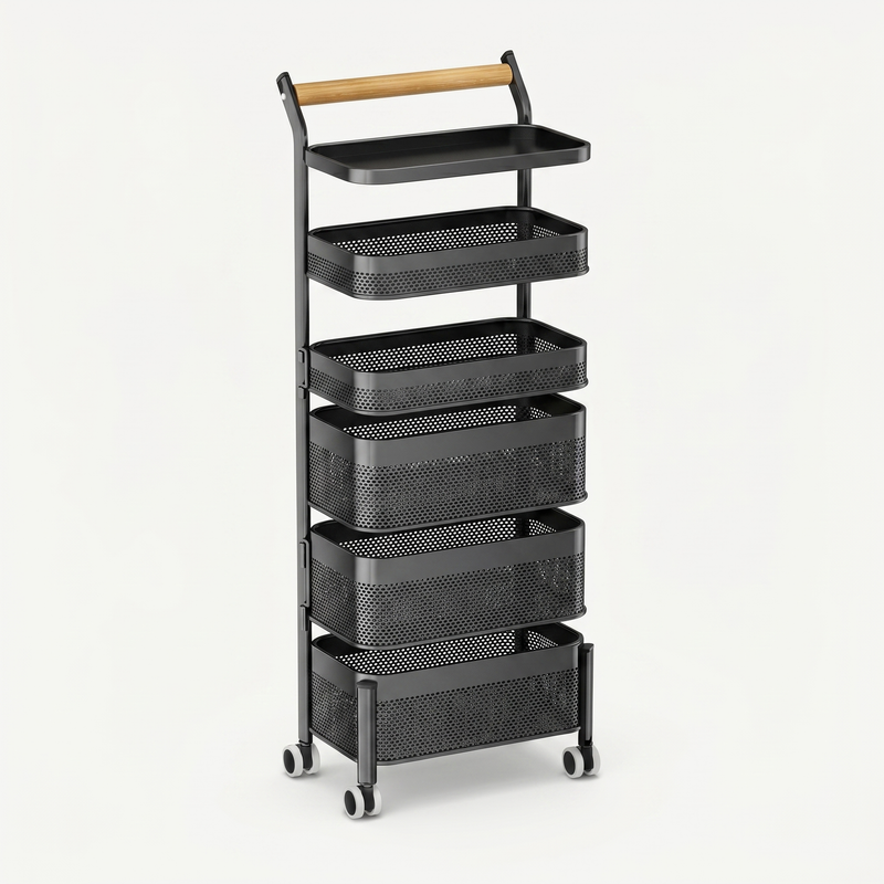 Tall mesh basket trolley with wood handle, charcoal