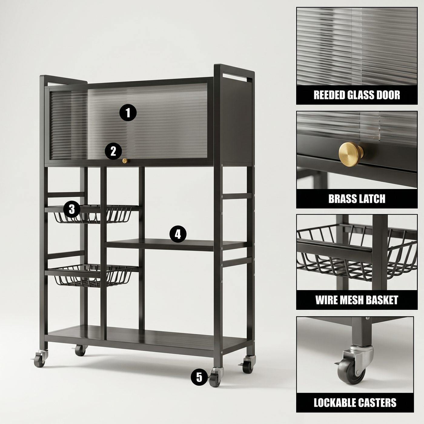 [P2] Rolling Kitchen Cart with Glass-Top Cabinet