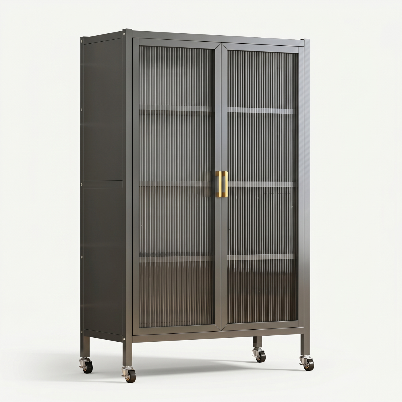 Fluted-glass display cabinet on casters, charcoal