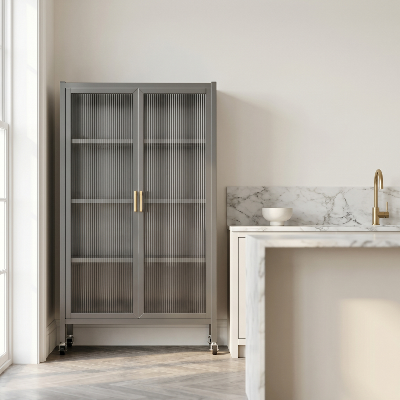 [P7] Fluted-Glass Display Cabinet on Casters