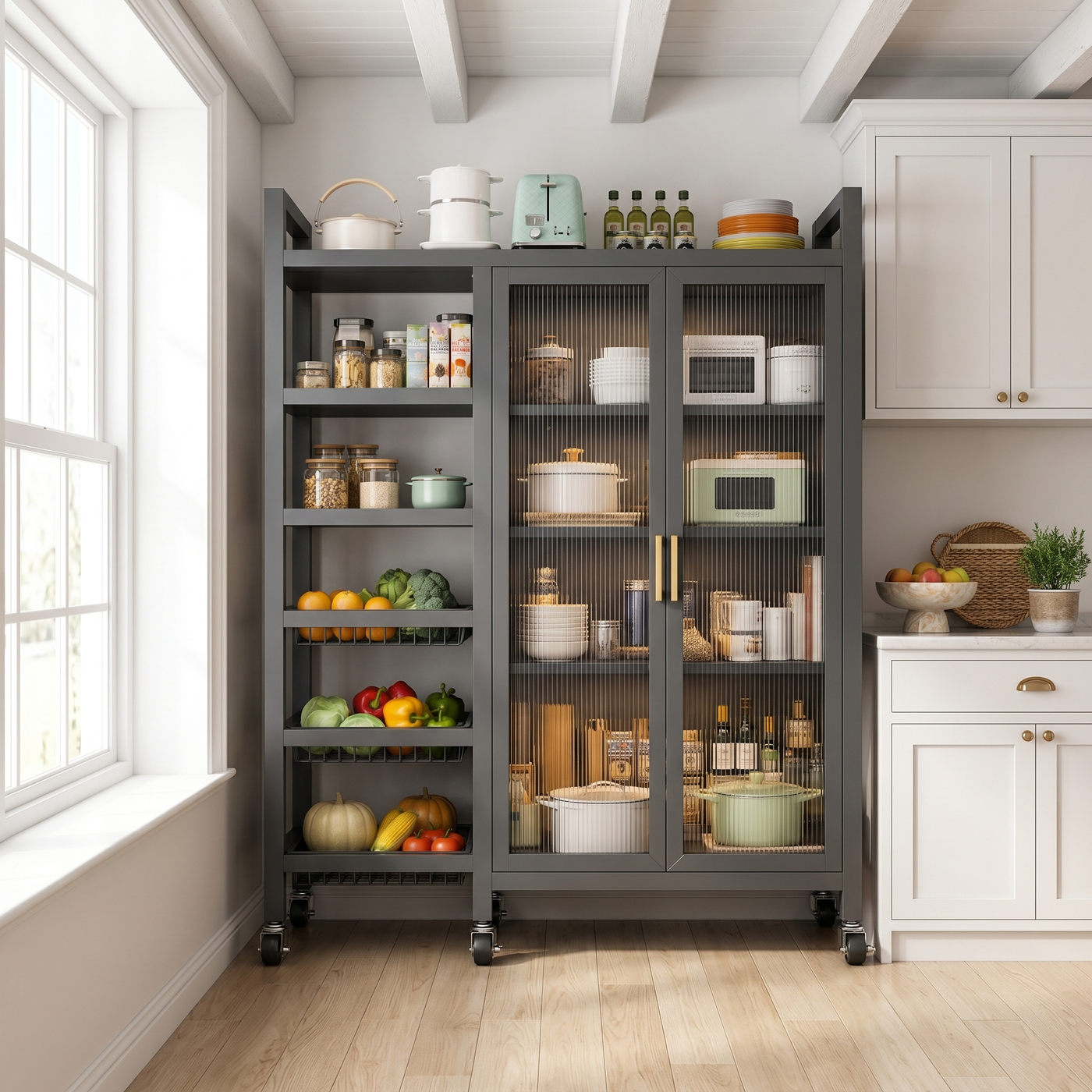 Cabinet styled in a bright kitchen