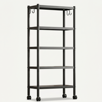 Open metal storage shelf rack on wheels, black