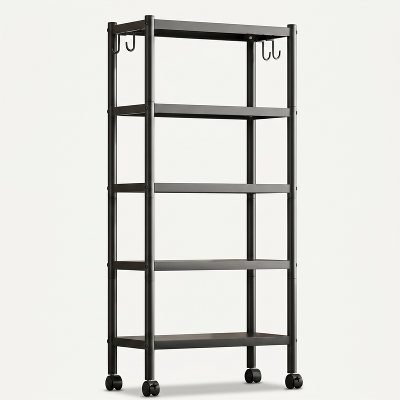 Open metal storage shelf rack on wheels, black