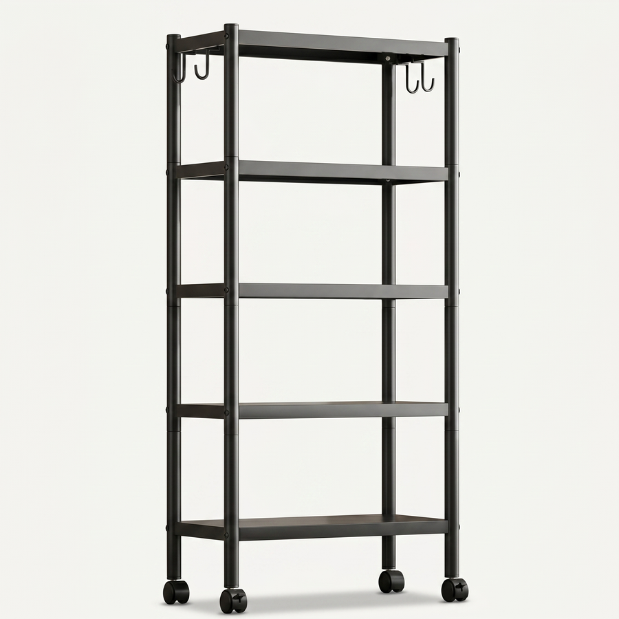 Open metal storage shelf rack on wheels, black