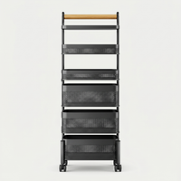 [P5] 6-Tier Mesh Basket Trolley with Wood Handle