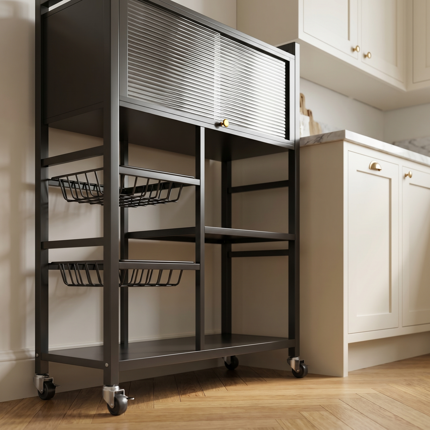 [P2] Rolling Kitchen Cart with Glass-Top Cabinet
