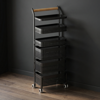 [P5] 6-Tier Mesh Basket Trolley with Wood Handle