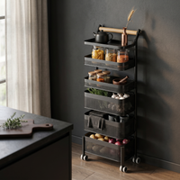 [P5] 6-Tier Mesh Basket Trolley with Wood Handle