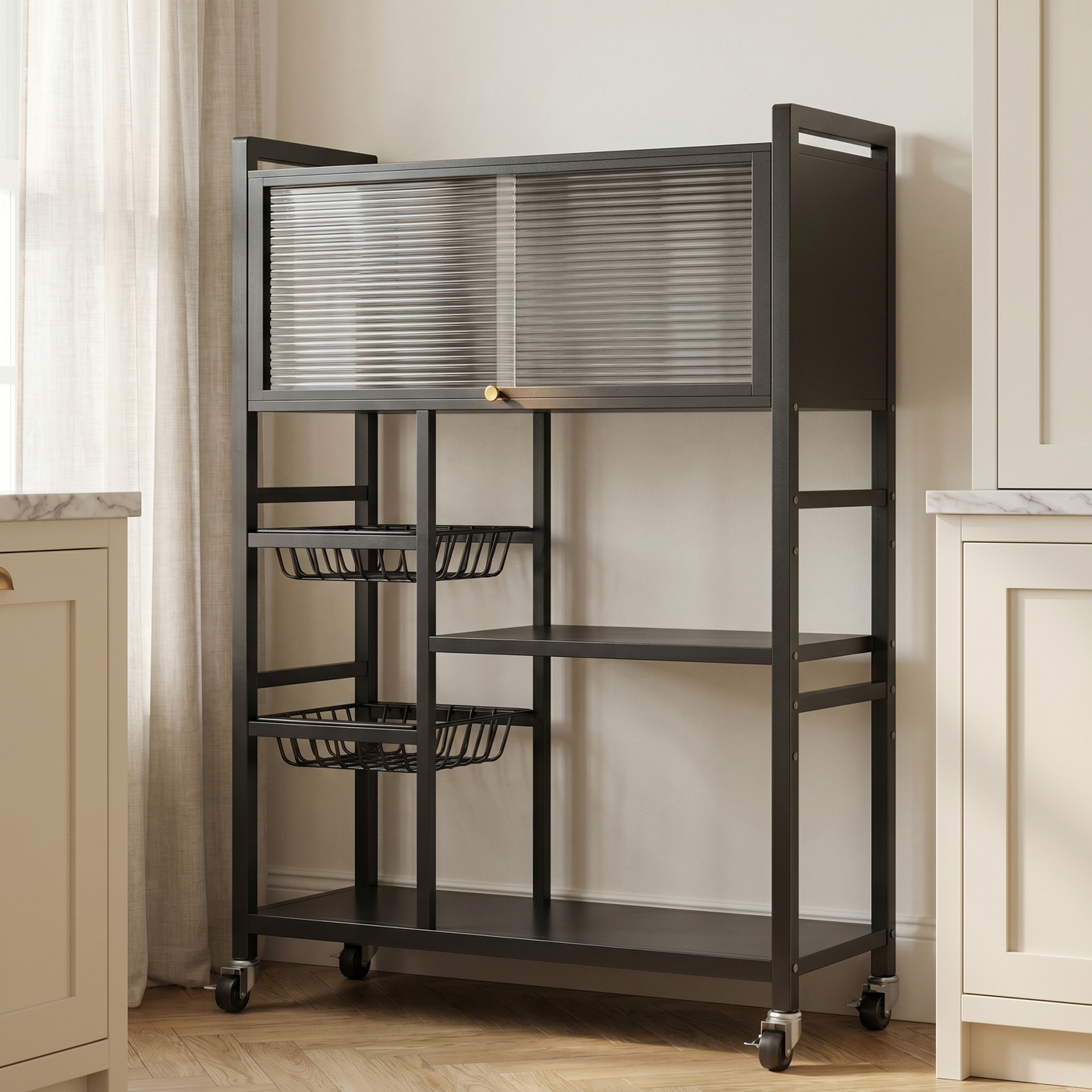 [P2] Rolling Kitchen Cart with Glass-Top Cabinet
