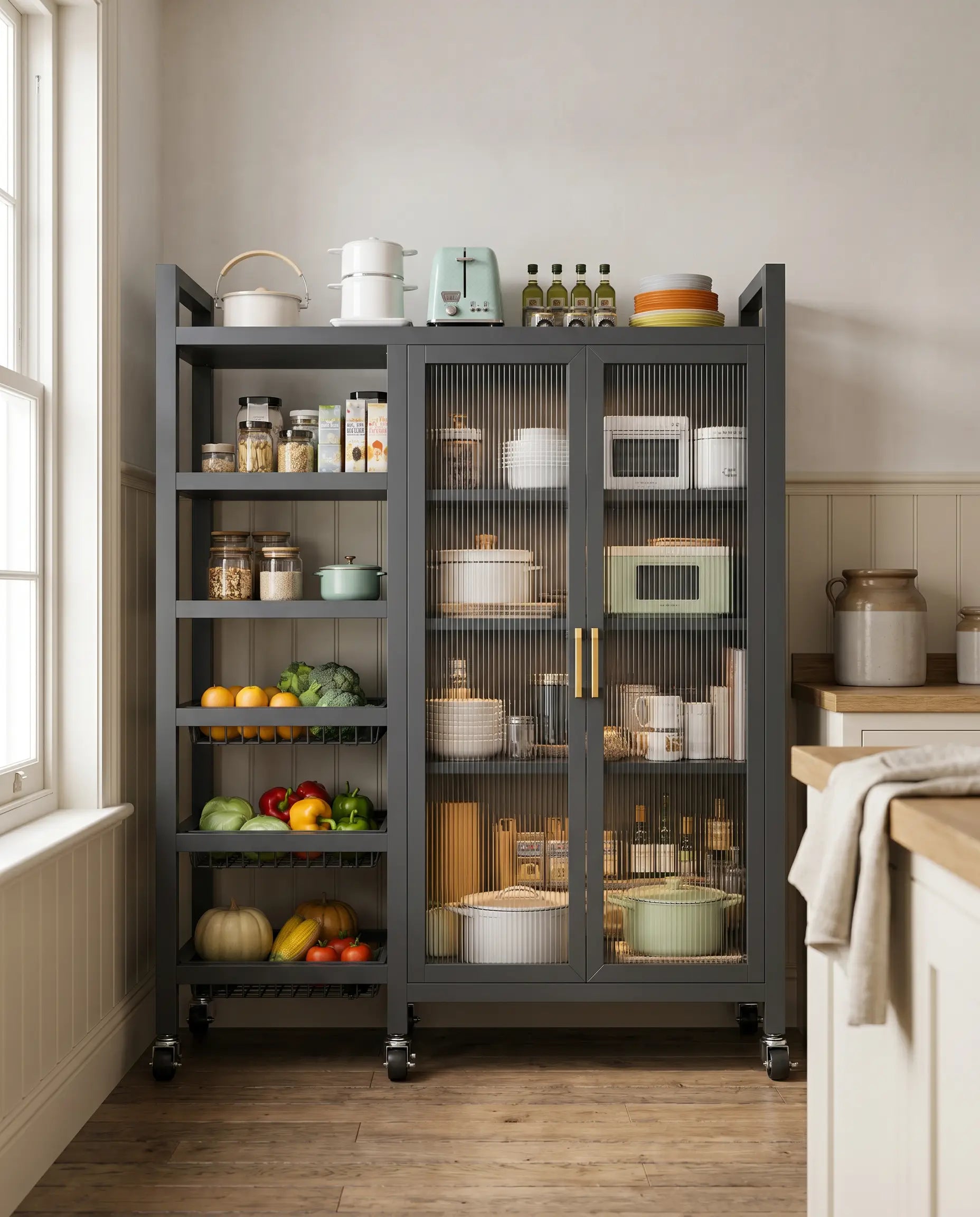 Charcoal rolling pantry cabinet in an English kitchen
